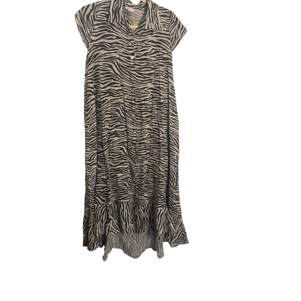 Suzy D Linen Brown and Black Zebra Print Button Front High Low Maxi Dress